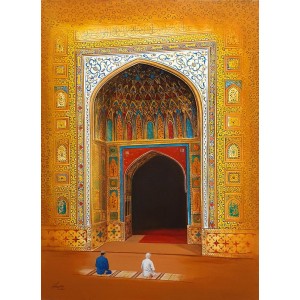 S. A. Noory, Wazir Khan Mosque - Lahore, 30 x 42 Inch, Acrylic on Canvas, Cityscape Painting, AC-SAN-134
